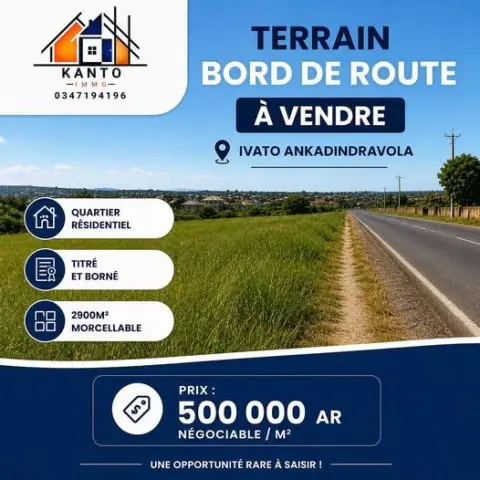 Terrain 2 900 m² à vendre — Ivato — 1 450 000 000 Ar | Fonenako